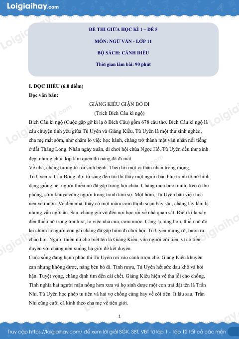 Đề thi giữa kì 1 Văn 11 Cánh diều - Đề số 5